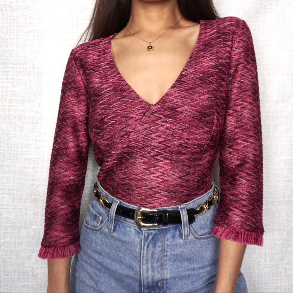 Pink V-Neck Top With Fringed Quarter Sleeves